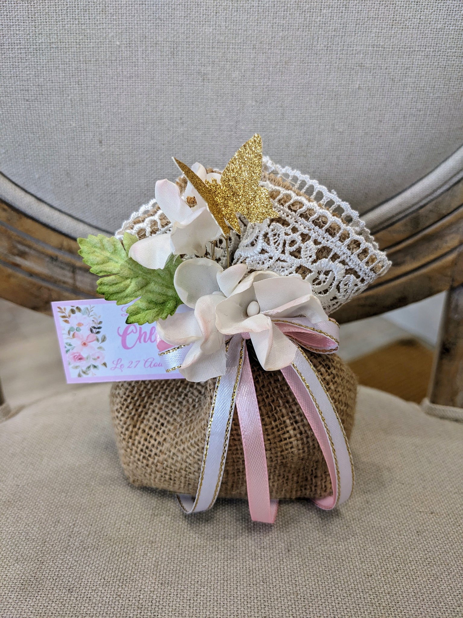 Bourse jute papillon florale dentelle