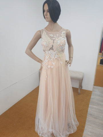 Robe longue pêche dorée strass P