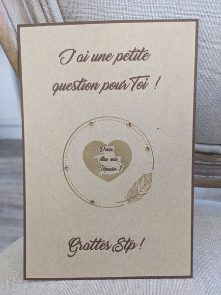 Carte a gratter kraft coeur - témoin/parrain/marraine ....